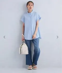 y*i様 新品グリーンレーベルリラクシング　フリルネックフレンチスリーブブラウス