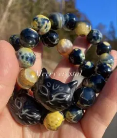 ヒーラーが作るパワーストーン✨邪気払い✨悪縁切り✨安定✨オブシディアン猫と瑪瑙