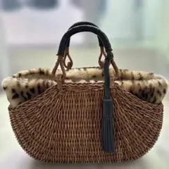 希少デザイン　エバゴス　ebagos カゴバッグ　マルシェ ebagos 「マルシェ」 ブライドルレザー×紅籐（リネン被せ） BLACK