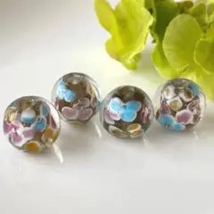 ガラスビーズ 4個 13ｍｍ /オリーブ da658 花柄/トンボ玉/とんぼ玉