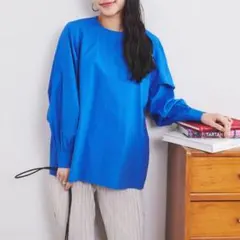 【極美品】coen タプライターボリュームスリーブブラウス　青　Lサイズ　ブルー