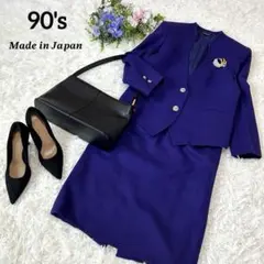 90s ノーカラージャケット バブリースーツ パープル 日本製 金ボタン ウール