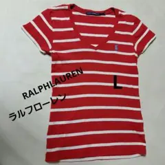 Ralph Lauren 赤ストライプ Vネック Tシャツ L[T028]