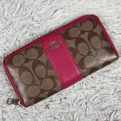 美品 COACH PVC レザー 長財布 シグネチャー ラウンドファスナー 茶