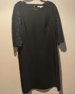 【UNTITLED】セレモニー　レース袖　ネイビー ひざ丈ワンピース　Lサイズ