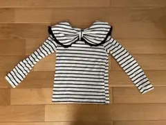 ボーダー 長袖カットソー ビッグカラー リボン付き