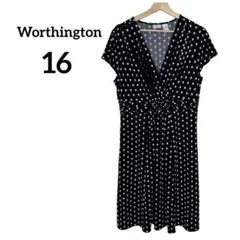 Worthington 黒 総柄 半袖ワンピース【16】膝丈　レディース