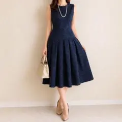美品 アナイ ジャガードノースリーブミディドレス ワンピース 36 ネイビー