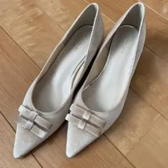 エスペランサ　ラメベルベットダブルリボン　パンプス　23.5cm ベージュ