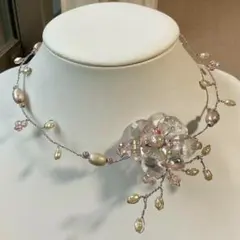 ネックレスチョーカー　針金ビーズ　パーティー・ウエディング　ピンクフェイクパール