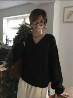 shein ニット　セーター　V字ネック　ルーズフィット　オーバーセーター