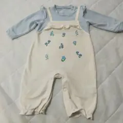 花柄サロペット風ロンパース 　カバーオール　白　水色 80cm ベビー