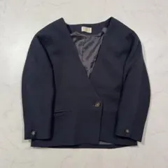 ノーカラージャケット 1ボタン 毛100% 紺 11号 春 通勤 モード