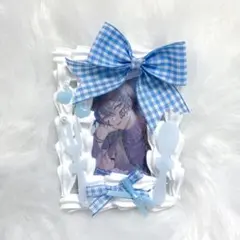 トレカケース デコ ホイップデコ リボン ギンガムチェック 青 白 量産型