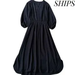 【SHIPS】ピーチスキンウエストギャザーワンピース 36 ネイビー スキッパー