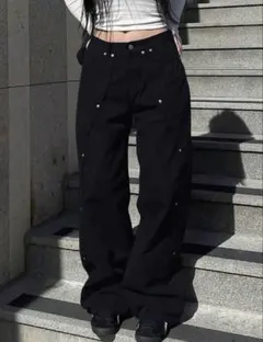 レディースY 2 Kスタイルストレートジーンズ、ゆったりワイド、ウッドパンツ L