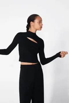 ブラック ZARA リブ　ニット ザラ 長袖カットソー 黒　カットアウトのサムネイル