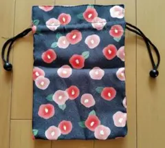 巾着袋リバーシブル（赤い花柄紫の花柄）