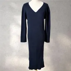 【アンデミュウ】ニットワンピース/ネイビー/大人シック/Vネック/リブ編み/長袖