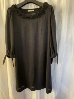 Rose Tiara ブラックラメ入り五分袖膝丈ワンピース　42サイズ