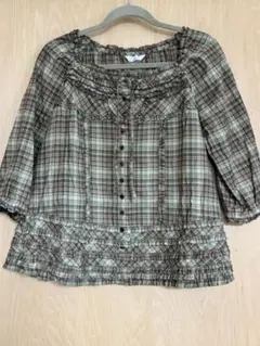 新品・未着用　PINKHOUSE グリーン系チェック7分袖ブラウス