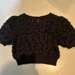 フラワー模様 ブラックニット 半袖トップス