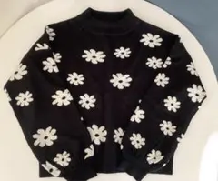 ヘザー　ニット　セーター 花柄　長袖 黒　フリーサイズ