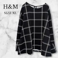 ✨美品✨エイチアンドエム　トップス　長袖　チェック　ボートネック　ブラック　XL