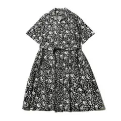 美品 カネコイサオ 5部袖 ロングワンピース 黒 鳳凰花 総柄 ピンタック