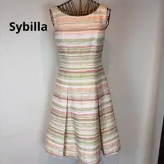 ★Sybilla★M★オレンジ黄緑ボーダーノースリーブ Aラインワンピース★素敵のサムネイル