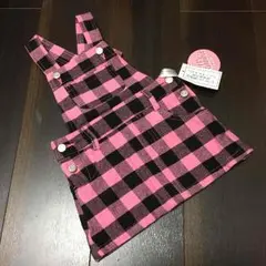 新品のピンクと黒のチェックがかわいいジャンバースカート  90㎝