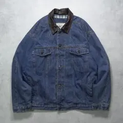 90s COUNTY SEAT デニムジャケット 襟レザー 裏地チェック M〜L