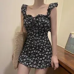 小花柄 フレンチガーリー スイムウェア フラワープリント ワンピース水着 M