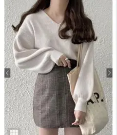 GRL Vネックボリュームスリーブニットトップス