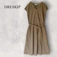 美品 ドレスキップ DRESKIP 麻混 ウエストマークワンピース カーキ Lのサムネイル