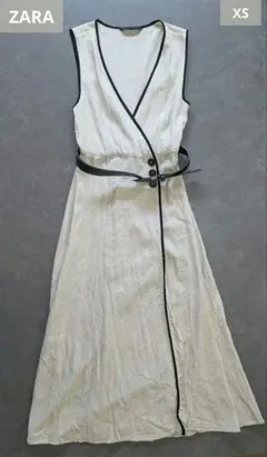 ZARA ザラ　リネン　ベージュ　ワンピース　Ｖネック　ラップワンピース