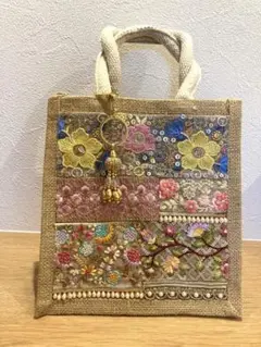 インド刺繍リボン ジュートバッグ A6