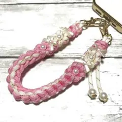 ハンドメイド　パラコード　ハンドストラップ　ストラップ　花　パールリボン⑥