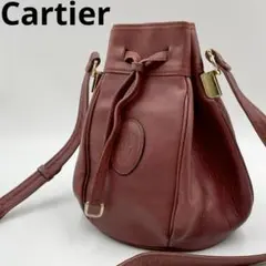 カルティエ　マストライン　巾着ショルダーバッグ　レザー　斜め掛け　ボルドーのサムネイル