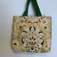 袋帯のリメイク、刺繍入り金色トートバッグ