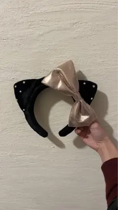 キティ カチューシャ 黒 ベロア ピンクリボン ユニバ