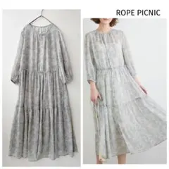ロペピクニック◉線画タッチ花柄プリントワンピース　美品　38　シアー　透け感