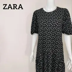 【人気】ザラ ドット柄 パフスリーブロングフレアワンピース 薄手ストレッチ