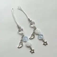 ビーズキーホルダー 白 水色 ハート クローバー 韓国 平成 y2k 羽 星