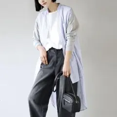 スキッパーネック ストライプ スウェット袖ドッキグシャツ