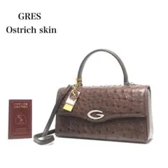 【美品】JRAタグ付き GRES グレ/オーストリッチレザー/ハンドバッグ 美品】JRAタグ付き GRES グレ/オーストリッチレザー/ハンドバッグ