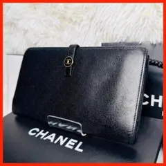 CHANEL ココボタン Wホック長財布 キャビアスキン ココマーク ブラック