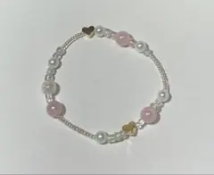 ハートチャーム付き ビーズブレスレット ピンク