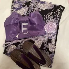 美品　浴衣・帯・下駄・小物付きセット5点セット　黒と紫の花柄