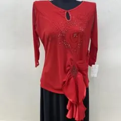 赤い社交ダンス衣装 花柄ストーン装飾